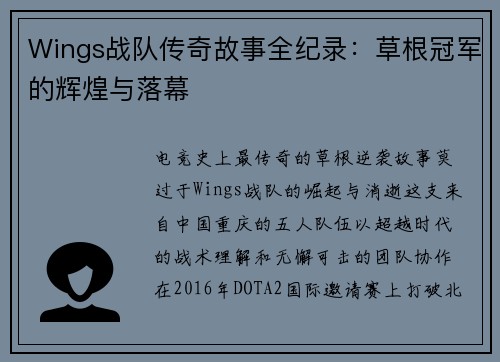 Wings战队传奇故事全纪录：草根冠军的辉煌与落幕
